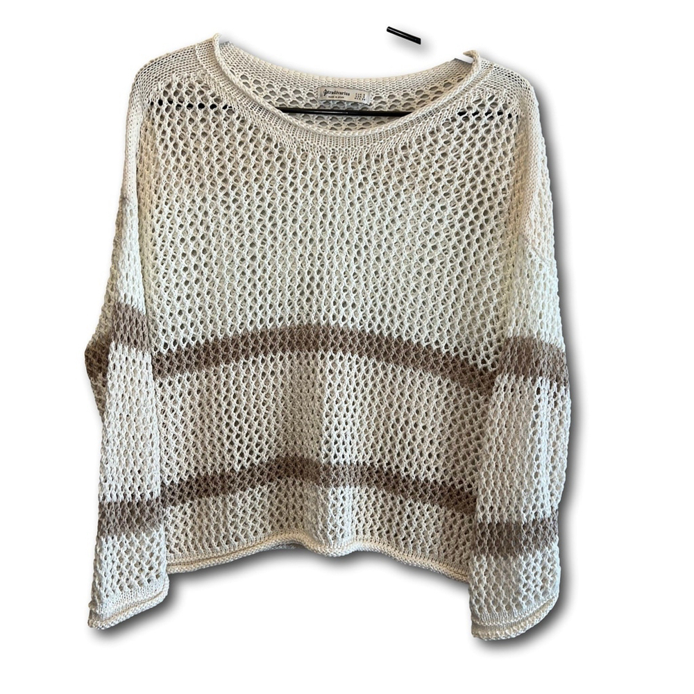 Stradivarius Pullover Top White Beige Open Hole Knit Long Sleeve Woman’s Size Sm